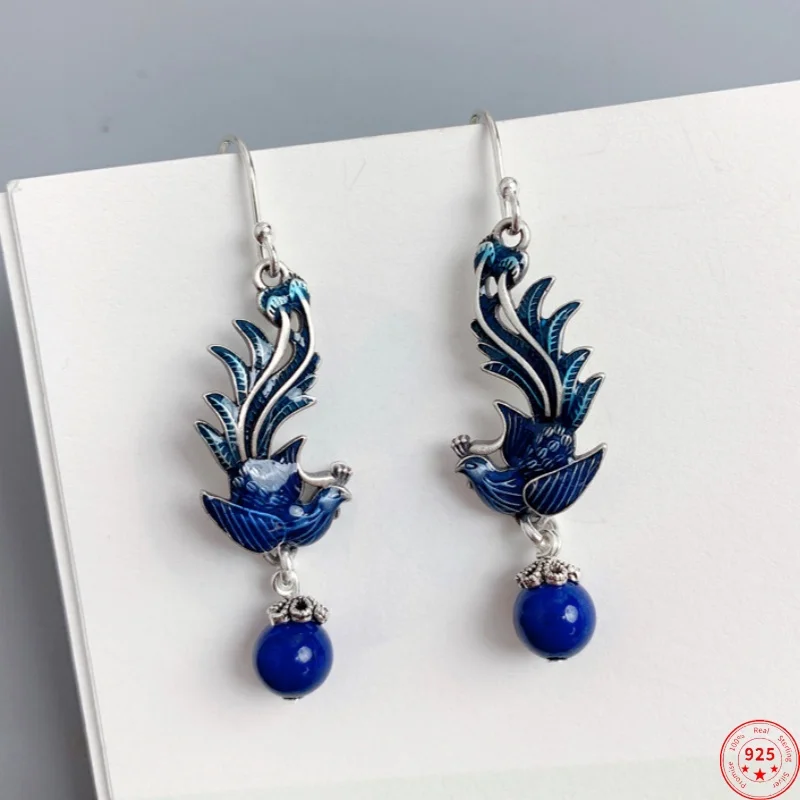 

S925 Sterling Silver Charms Drop Earrings for Women New Fashion Cloisonne Phoenix Tassel Lapis Ear-drop Jewelry Free Shipping