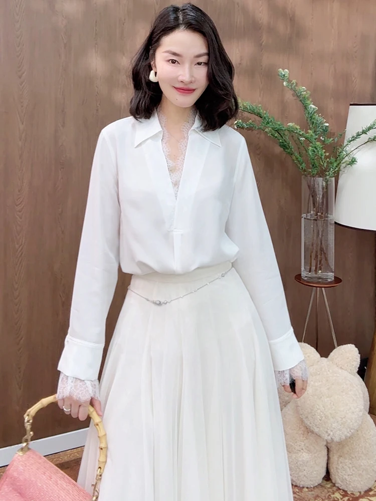 

Design Sensation Small Audience Silk Shirt Mandong 26 Spring Summer 18 Momme Silk Double Gauze Lace Patchwork V-neck Straight...