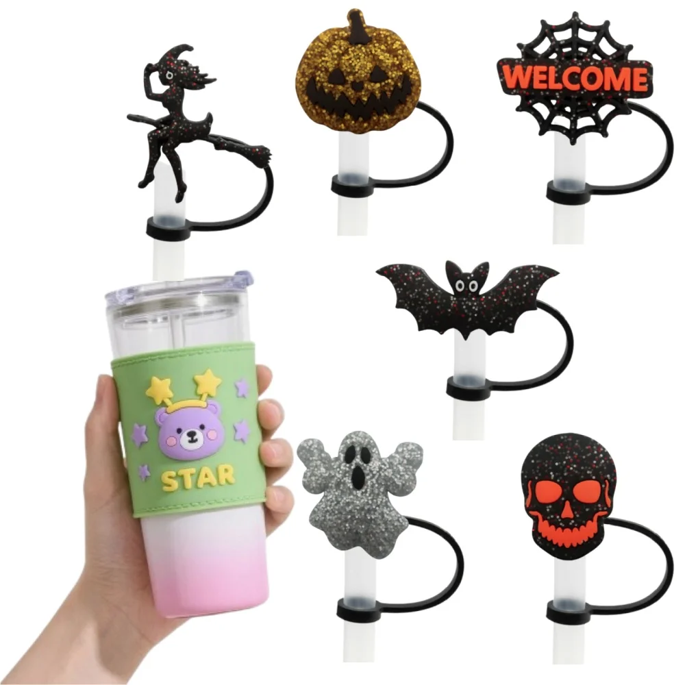 

Gold horror Halloween Series Straw Cover Cap Silicone Plug Reusable Tip Splash Proof Drinking Fit Cup Pendant Party For Kids