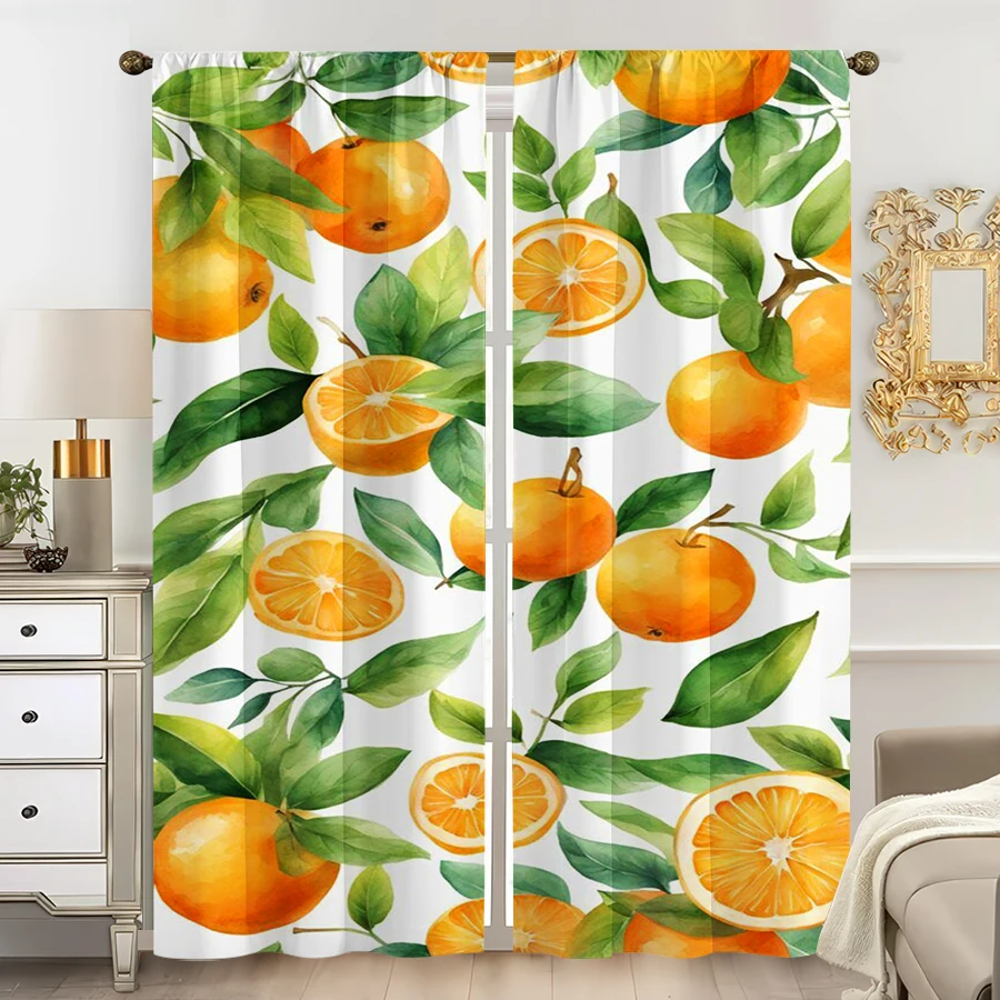 2 Stück mehrfarbige Vorhänge mit orangefarbenem Frucht-Aquarellmuster, Stangentaschen-Design für Schlafzimmer und Wohnzimmer