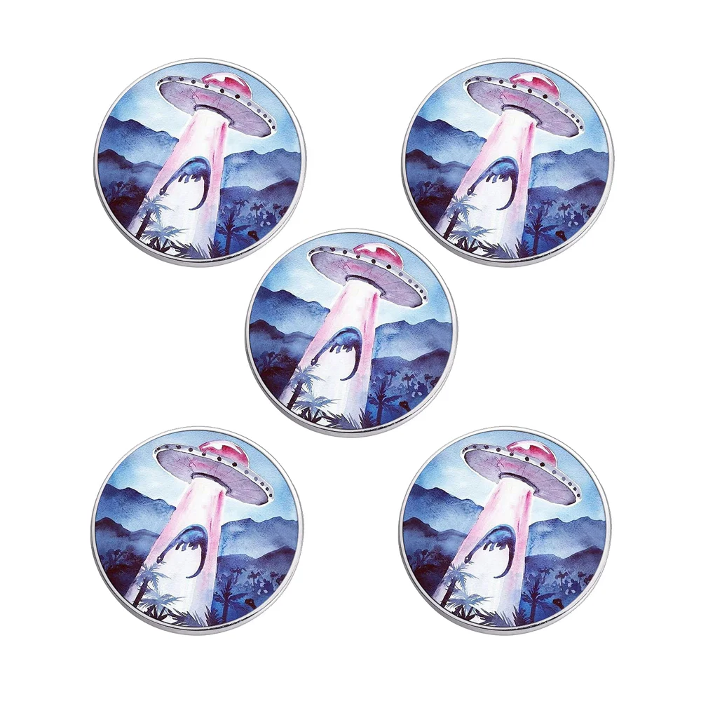 5pcs Abducting Dinosaur Watercolor Art Button Pin Brooch Funny Alien Saucer Badge Round Pins for Backpack Clothes Aesthetic Gift