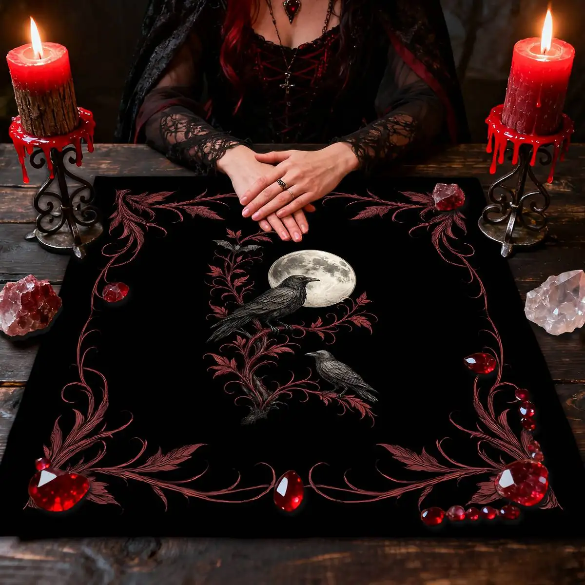 Triple Moon & Crow Altar Cloth Tarot Tablecloth For Spread Tarot Reading Cloth Floral Tapestry Witchcraft Board Game Card Pad view 4