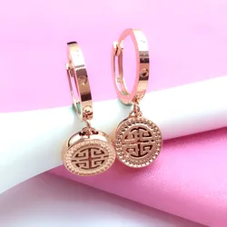 585 Purple Gold Wide earrings for women New in Plated 14K Rose Gold Fu character earings buckle Simple Ethnic Style Jewelry
