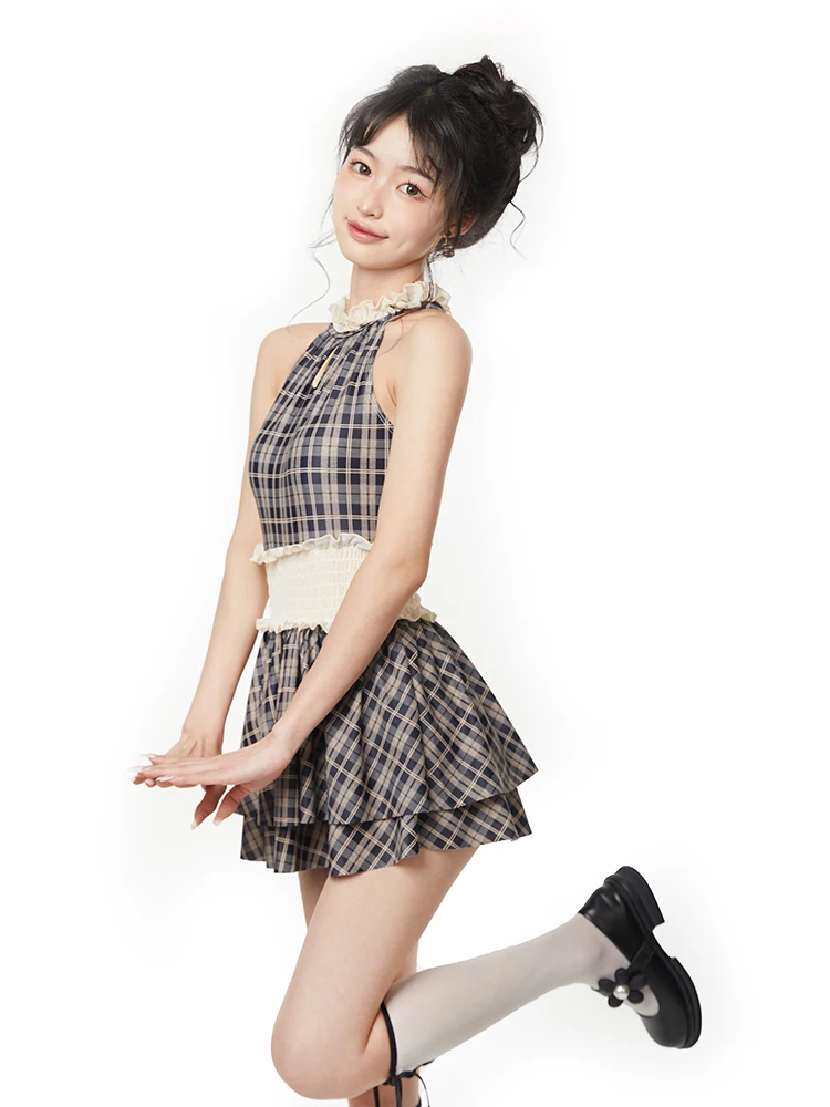 Conservative Korean Style Plaid Bikini Women's Summer Slimming  Swimsuit for Hot Springs Casual Swimwear Nylon Spandex