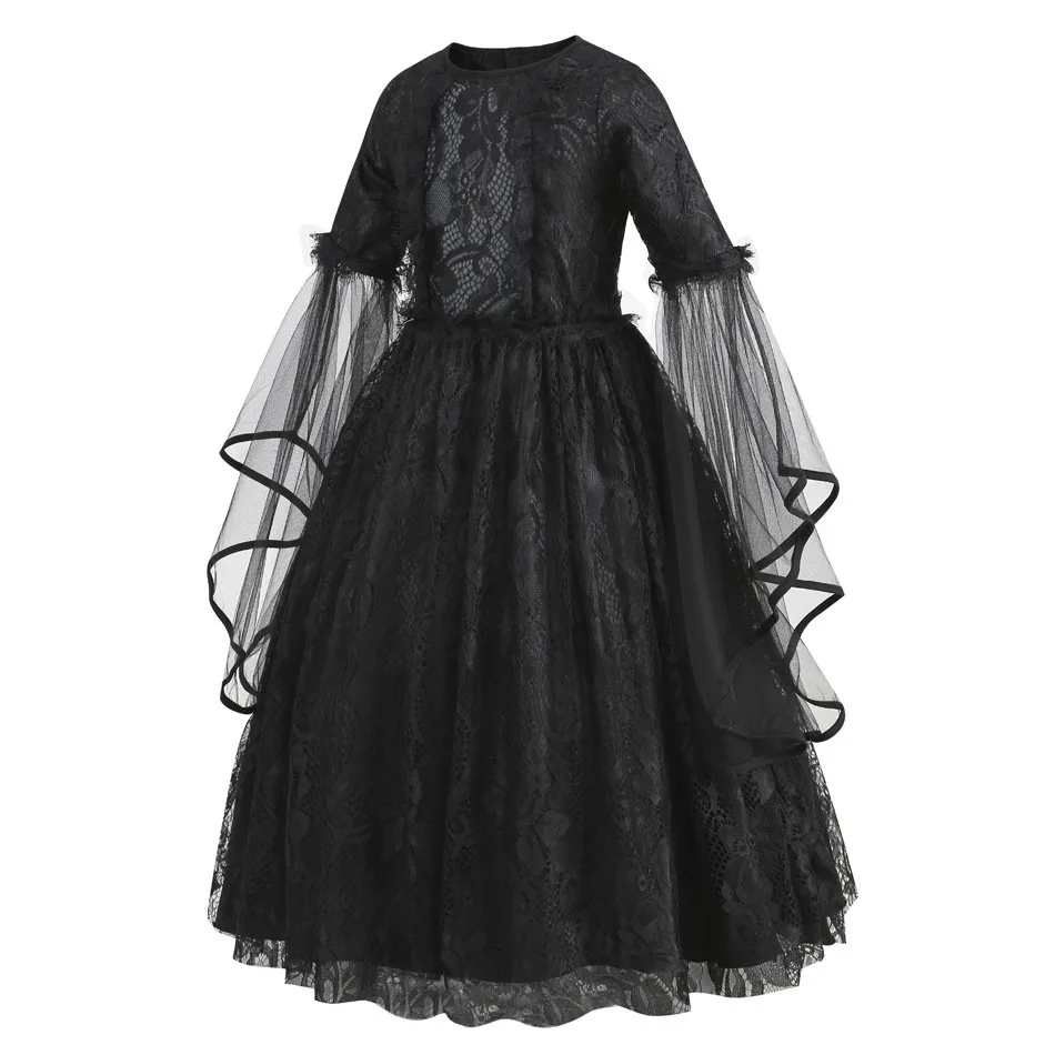 Halloween schwarze Königin Kleid für Mädchen Cosplay böse Hexe luxuriöse Puff Spitze Kleid für Geburtstags feier Länge Kleid mit Perücke Krähe