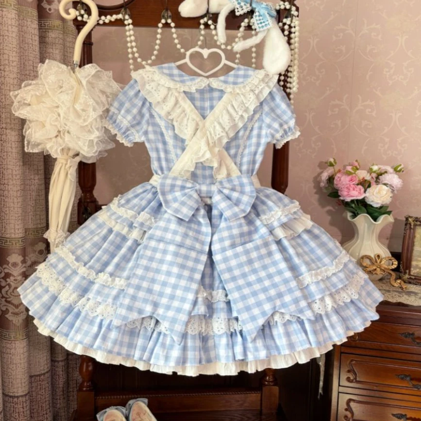 Vestido Original japonés suave para niñas, vestido a cuadros azul Kawaii OP, vestido ajustado de cintura alta para mujer, vestido de cumpleaños de Lolita diario, vestido Loli Lo Cos