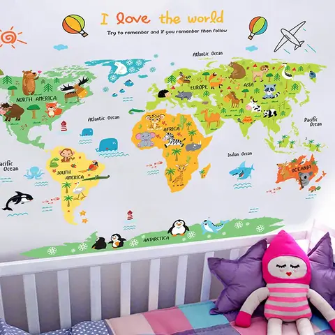 Adesivi murali in vinile autoadesivo fai-da-te in PVC per la decorazione della casa della camera da letto dei bambini, murale con mappa del mondo dei cartoni animati