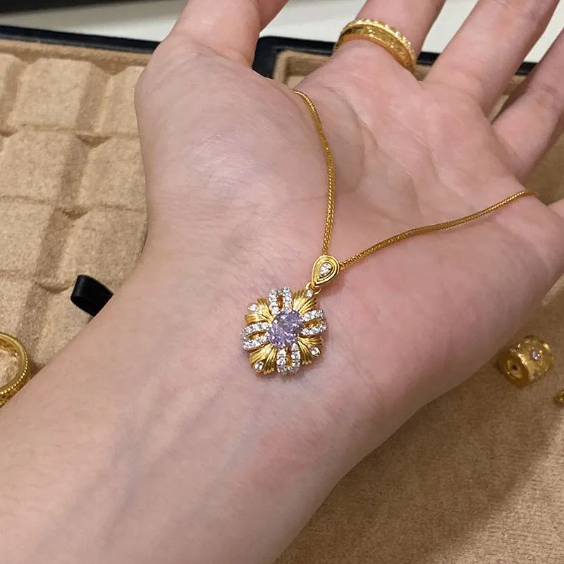 

French Exquisite Bauhinia Flower Necklace for Women, 925 Sterling Silver Vintage Sunflower Collarbone Chain Pendant