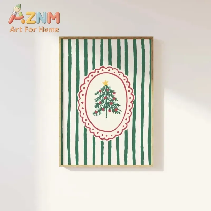 AZNM Retro Christmas Tree Canvas Wall Art Green White Striped Cute Xmas Tree Lace Frame Art Print Unframed Canvas Poster for Hom