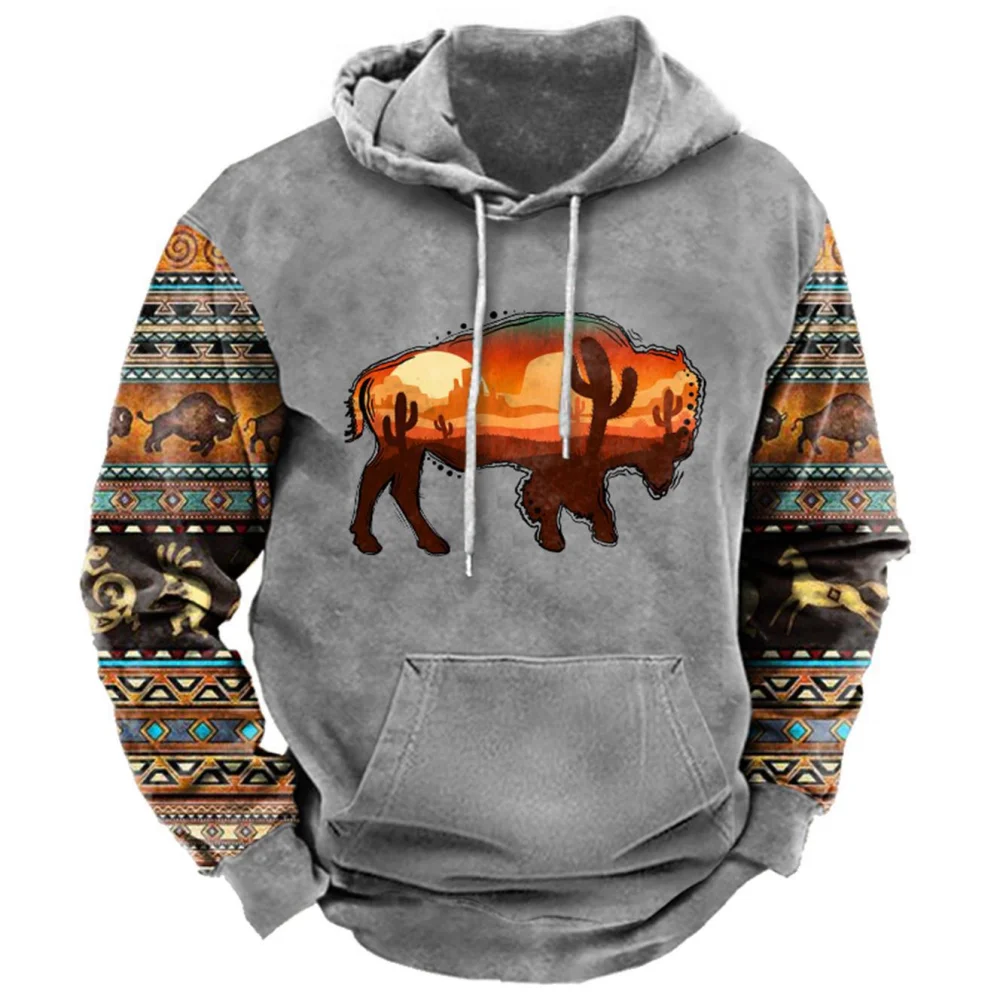 2023 New Men\'s Hoodie Vintage Cow Printed Oversized Hooded Sweatshirt Pullover Casual Streetwear Tops Male Harajuku Hop Clothes