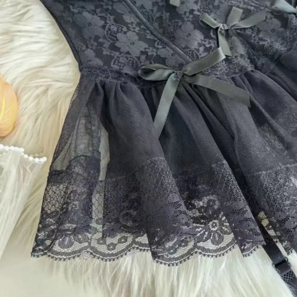 Lencería de encaje con lazo para mujer, camisón de malla con volantes y tirantes, ropa de dormir transparente, regalo de vestido de noche