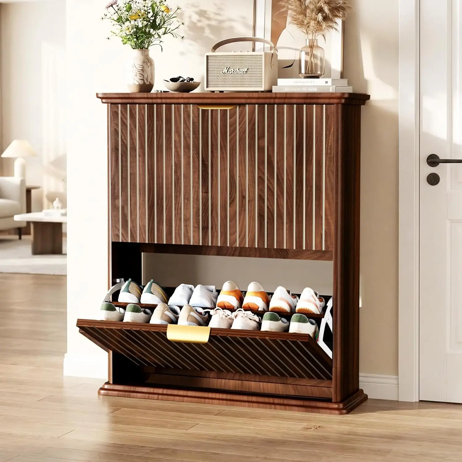 Modern Modern Fluted Shoe Cabinet for Entryway,9.8" Walnut Hidden Shoe Storage Cabinet with 2 Flip Drawers,Rounded Small, Customized - Aliexpress Deal