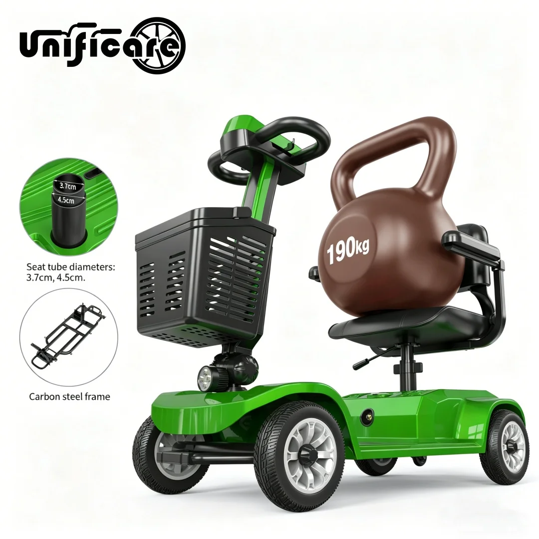 

Электрический скутер Unificare Green с 4 колесами для пожилых людей, аккумулятор 12 Ач, складная рама из углеродистой стали, регулируемое сиденье с двумя режимами настройки