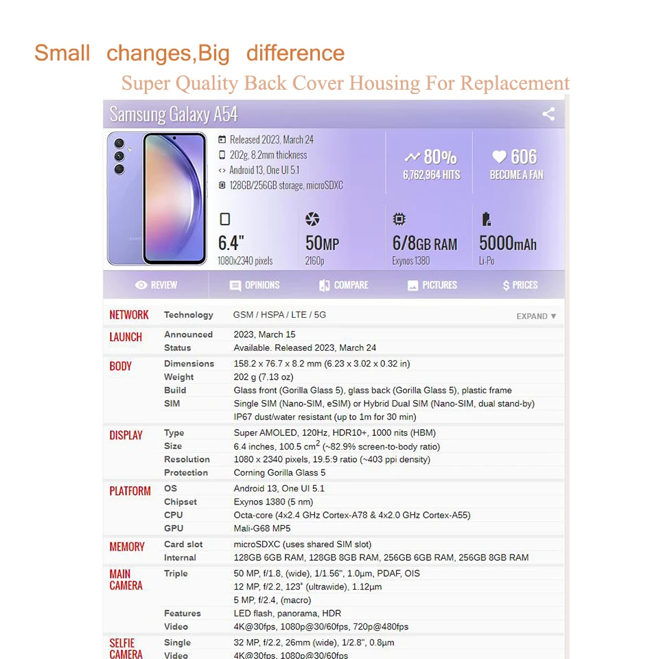 10Pcs/Lot For Samsung Galaxy A54 A546 Housing Back Cover Case Real Battery Door Chassis Housing Replacement