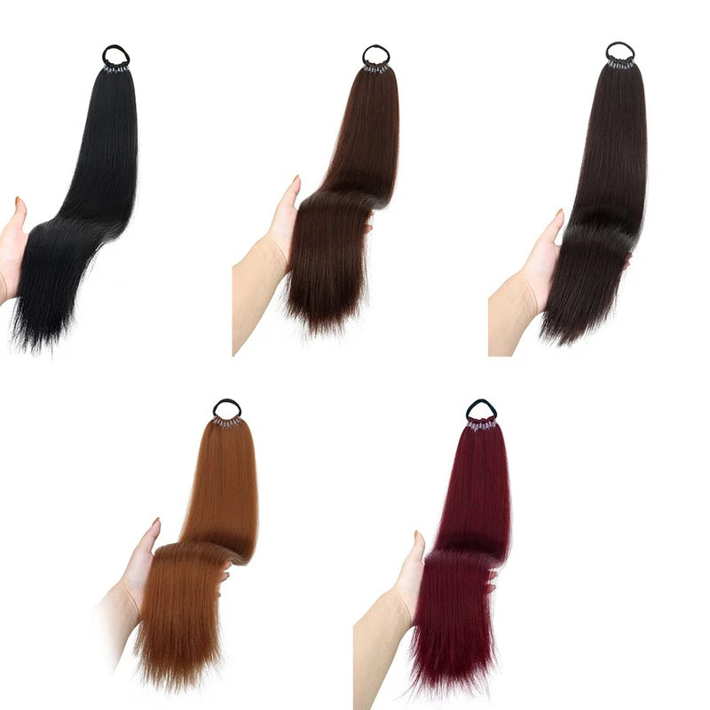 22Inch Synthetic Long Straight Ponytail Hair Extension Elastic Band Braided Ponytail Black Red Hairpiece for Women