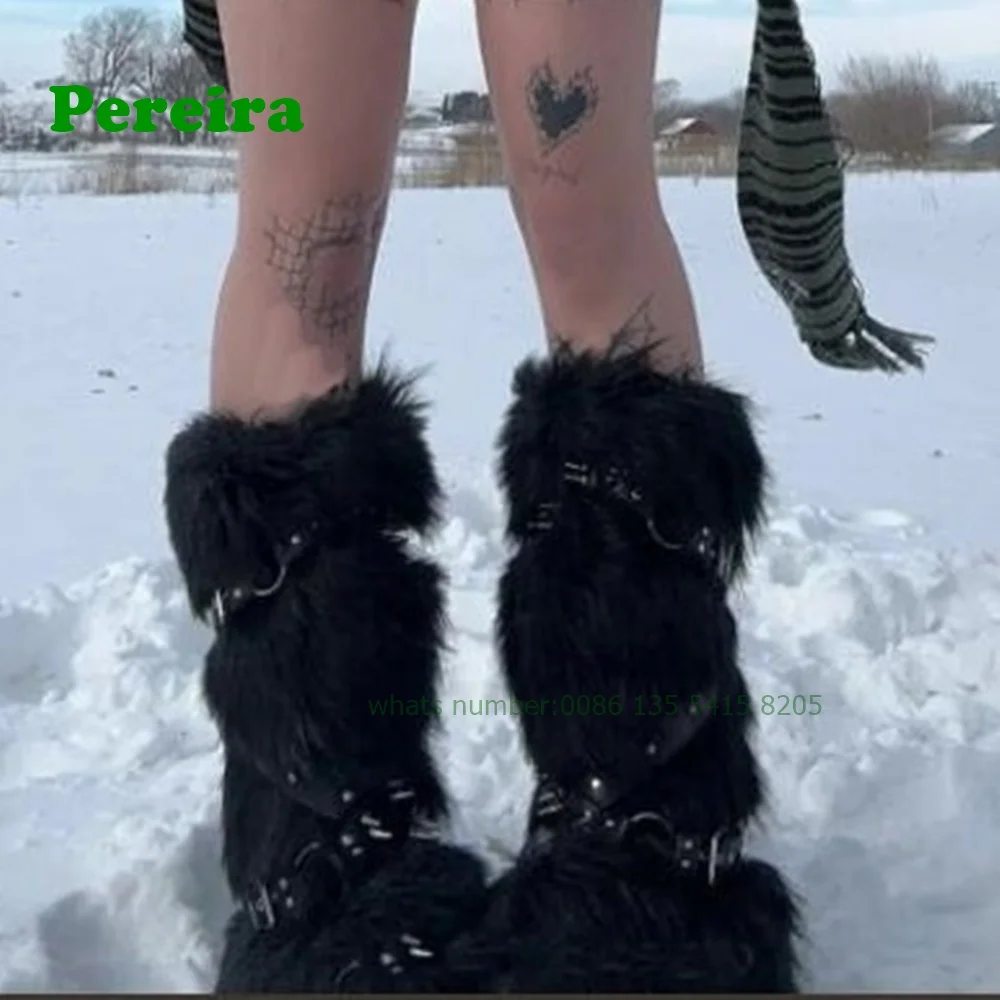 Wild Faux Fur Boots Black Studded Cross Belt Buckle Knee High Boots Winter Plush Warm Women\'s Casual Shoes Snow Booty Rivet Sexy