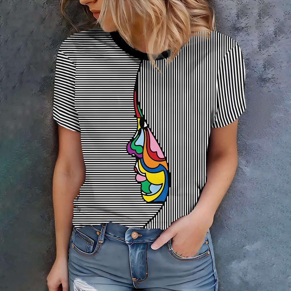 

Color Abstract Design Women's Black And White Stripe T-shirt - Modern Casual Art Style Summer Round Neck Short Sleeve