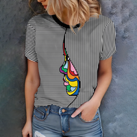 Color Abstract Design Women's Black And White Stripe T-shirt - Modern Casual Art Style Summer Round Neck Short Sleeve