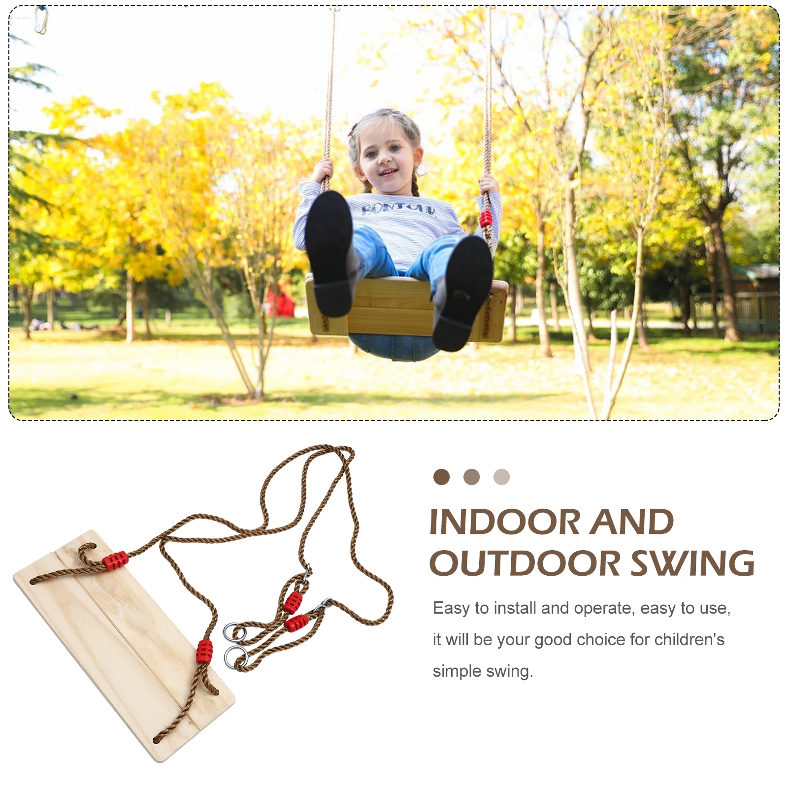 

1pc Kids Outdoor Wooden Swing Children'S Hanging Chair Play Swing For Home Playground Park Fun Seat