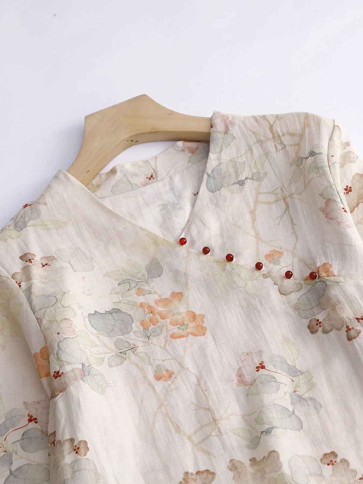 الرجعية الصينية Sle فضفاضة تناسب الخامس ن شق مطبوعة الكتان الدكتور زر اللؤلؤ الجانب زر f Sve ثوب الصيف ألف خط تنورة #3