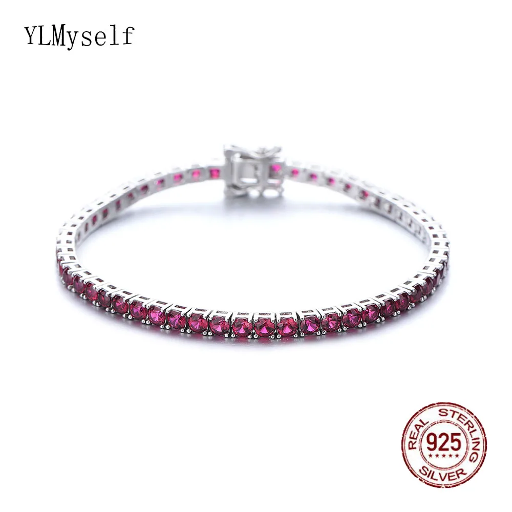 

925 Fine Jewelry For Women Pave Full 3 mm Dark Ruby Semi Precious Sapphire 15-19 cm Beautiful Solid Real Silver Tennis Bracelet