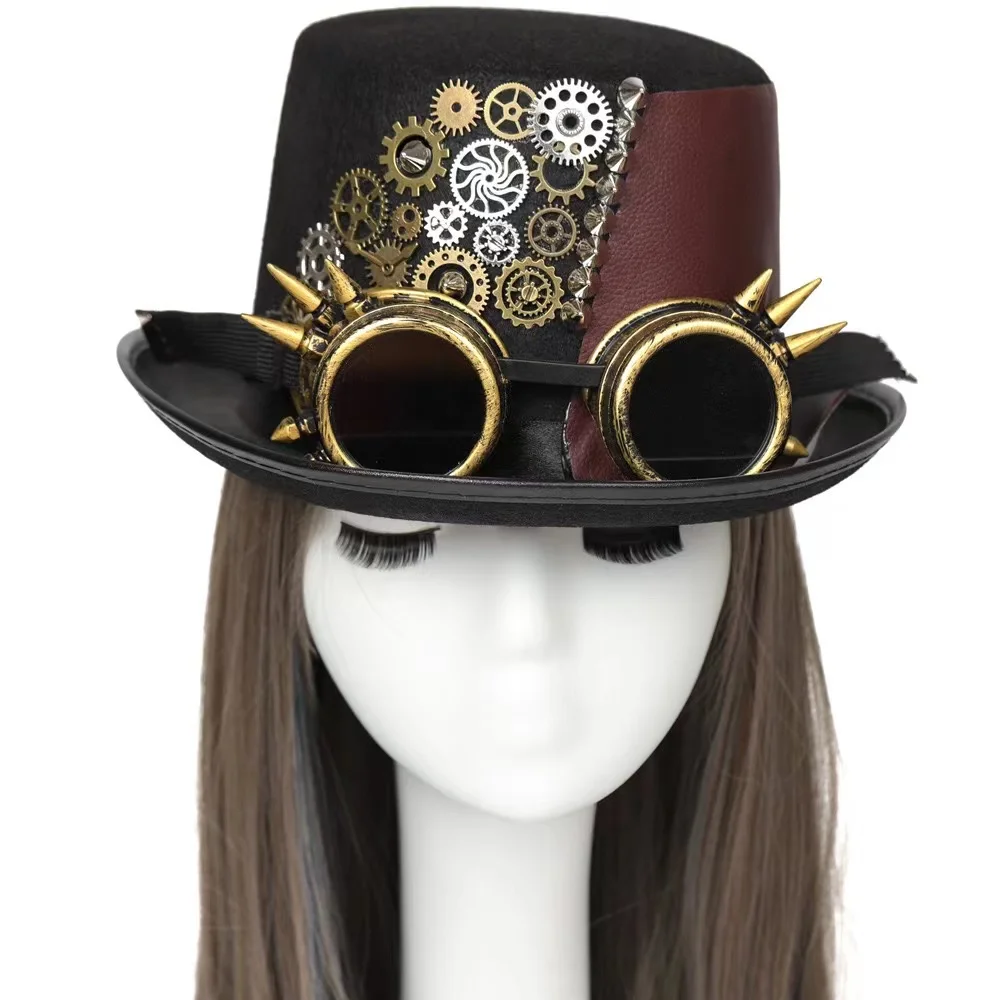 Steampunk Top Hat with Goggles Gothic Gear Hat Halloween Cosplay Party Carnival Full Head for Adults Ball Attire Mask