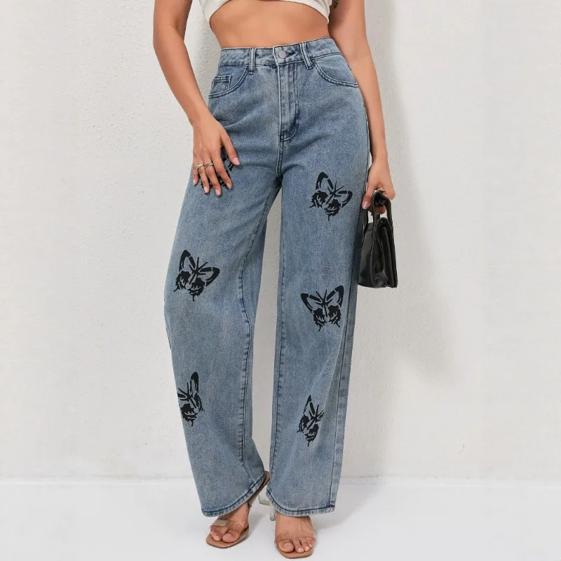 

Butterfly Printed Denim Jeans For Women High-Waisted Straight Wide Leg Pants Jeans Vintage Trousers Loose Casual Y2K Grunge