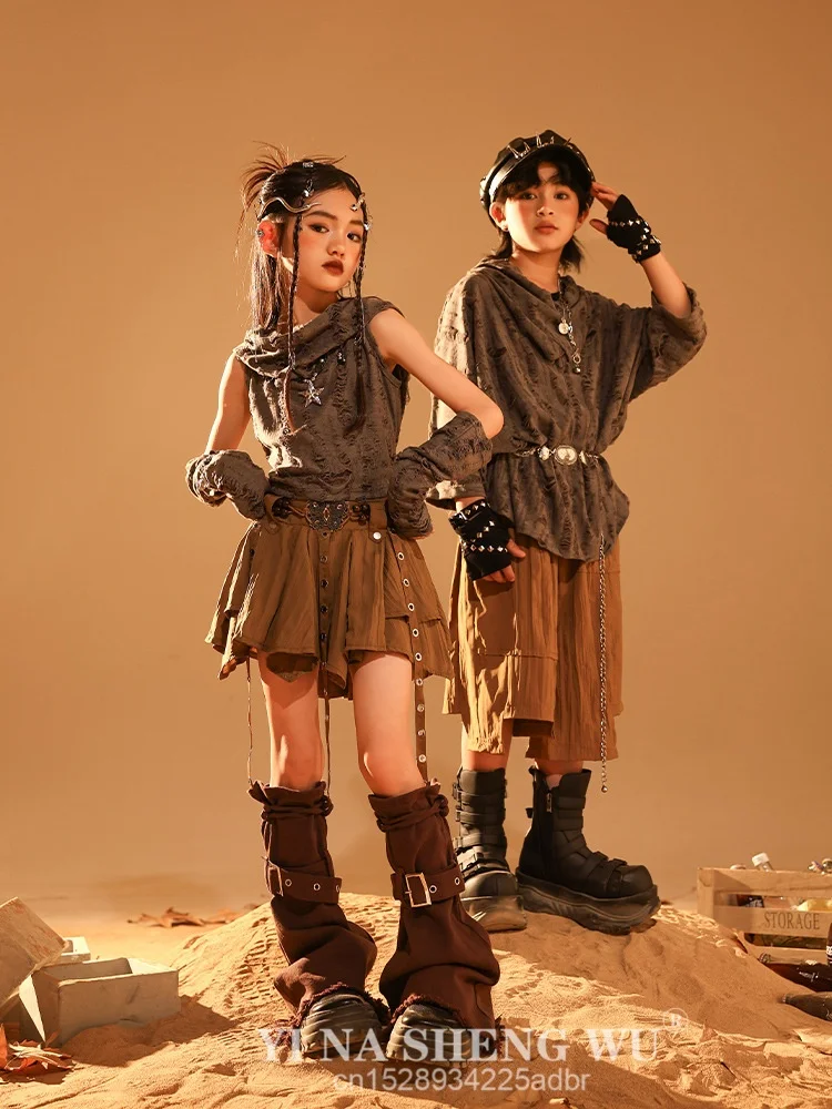 طفل القفار نمط الهيب هوب الملابس رمادي المتزعج هوديي أعلى القهوة مطوي تنورة السراويل لفتاة صبي أزياء رقص الملابس #5