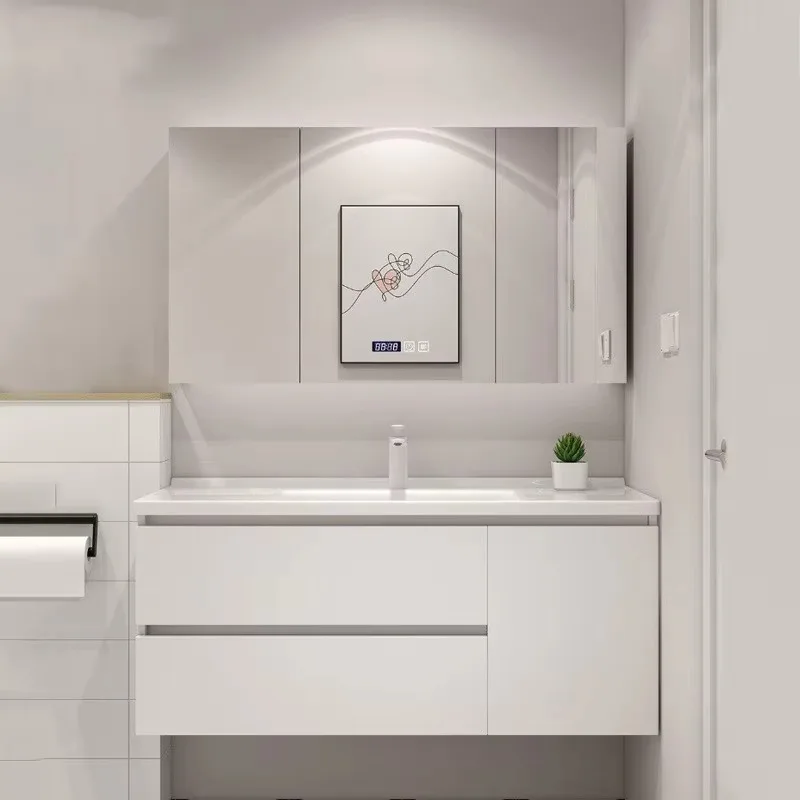 Madeira maciça cerâmica bacia integrada armário do banheiro combinação moderno simples armário de lavagem de rosto armário de lavagem de rosto banheiro