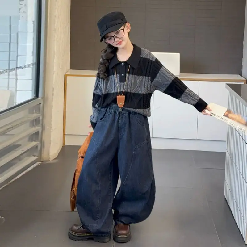 Autumn Girl's Clothing Sets Color Blocked POLO Collar Sweater+ Fashion Denim Curved Knife Pants Kids Outfits 5-18Y