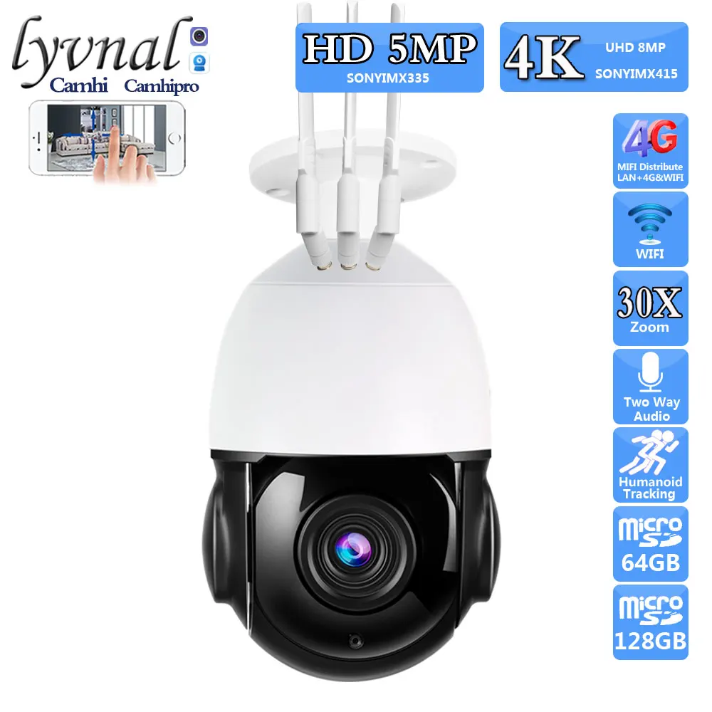 3G 4G SIM Card 4K 8MP Sony415 Security Wireless IP Camera Wifi PTZ Dome 30X Auto Zoom Human Tracking Two Way Audio IR 80M