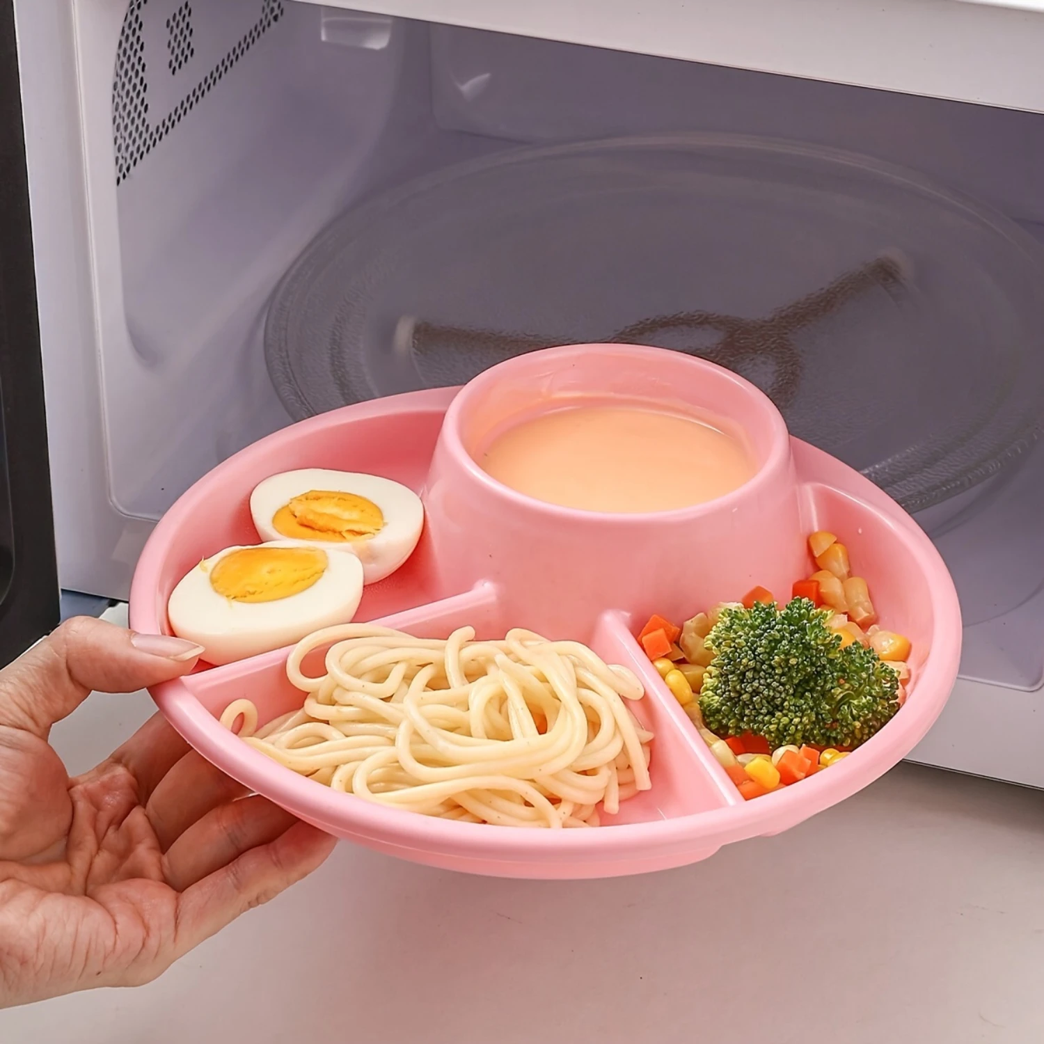 طبق عشاء بلاستيكي مستدير مكون من 4 أقسام - آمن للميكروويف، مثالي لسلطات الفاكهة والتحكم في الأجزاء، مثالي للبالغين والنساء