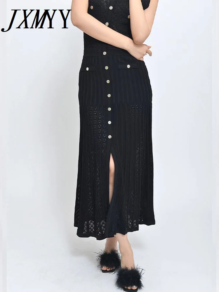 JXMYY Casual Knitting Long Dress Women Buttons V Neck Hook Flower Hollow Out Chic High Elastic Slim Vintage Beach Dress