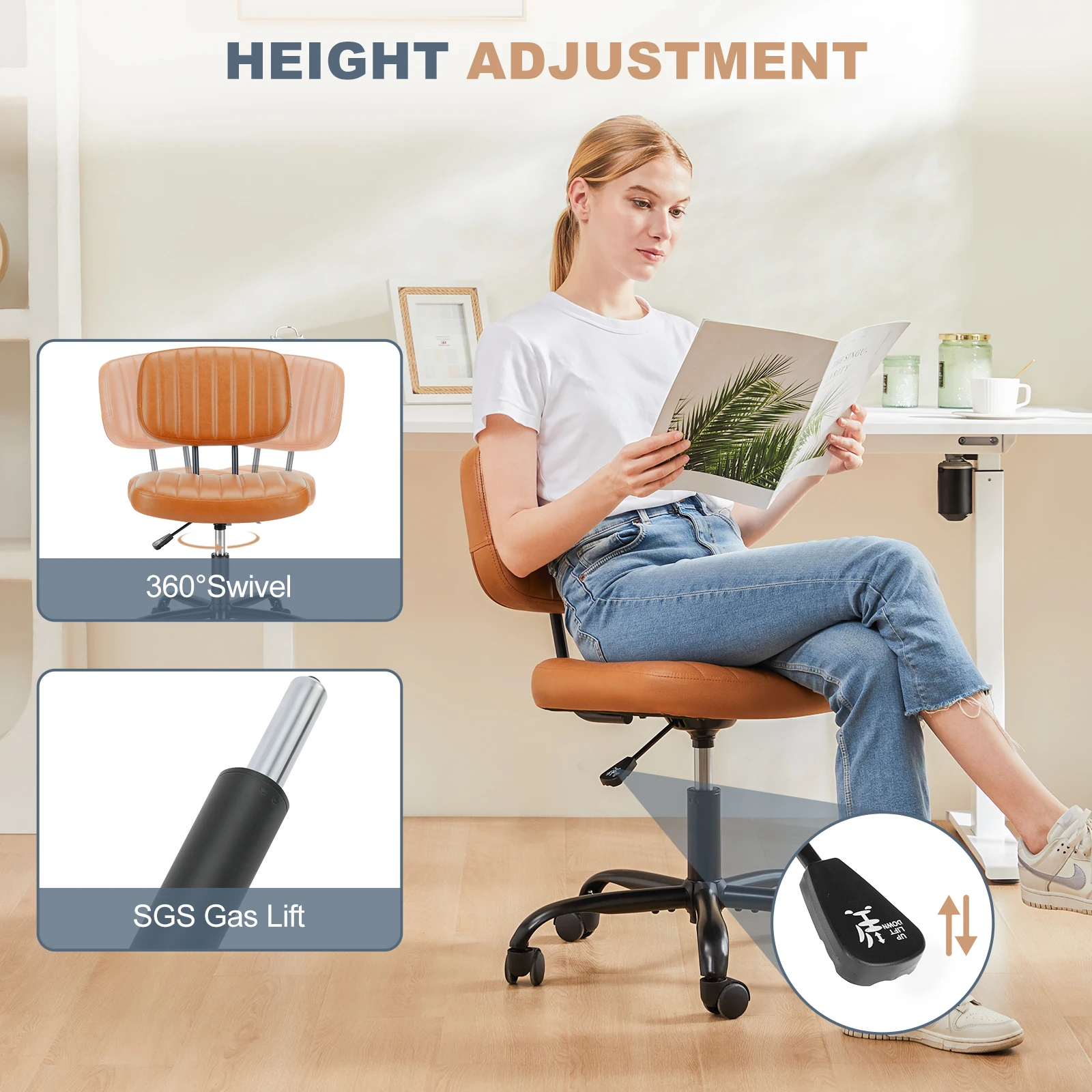 Ergonomiczne krzesło biurowe MCQ bez podłokietników, obrotowe, z regulacją wysokości, wykonane ze skóry PU, krzesło gamingowe/wieczorowe do domu i biura.