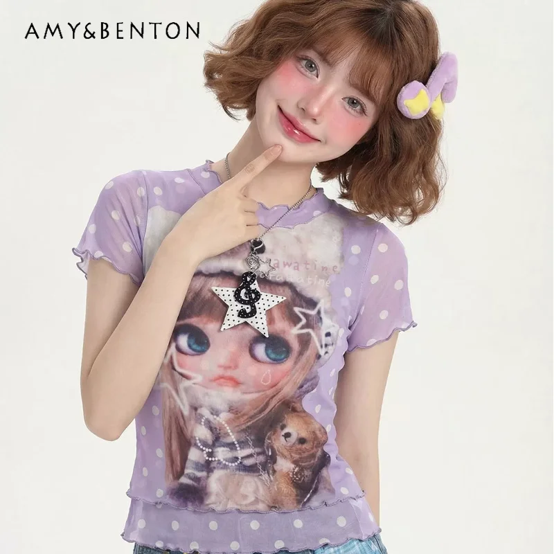 

Sweet Cute Cartoon Printed Short-sleeved Women's T-shirt 2026 Summer New Fake Two-piece Mesh Splicing Slimming Thin Top Ladies