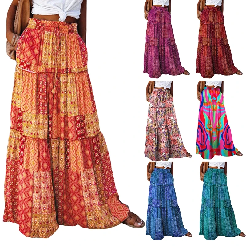 

Bohemian Maxi Skirts Vintage Elastic High Waist A-Line Skirts Beach Style Holiday Tiered Long Skirts Pockets Women Streetwear