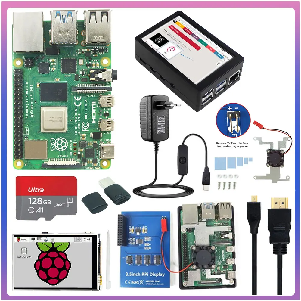 Raspberry Pi 4 Model B Kit 1GB 2GB 4GB 8GB RAM + Card + Case + Cooling Fan + HD Video Cable + Power Supply for Raspberry Pi 4 B