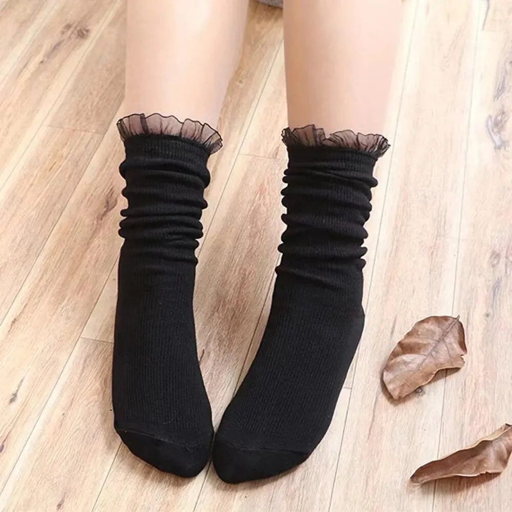 1 Pair Women's Mid Length Socks Pearl Decoration Fashion Pleated Pile Up Socks Lace Lace Lolita Jk Versatile Girls' Cotton Socks image 6