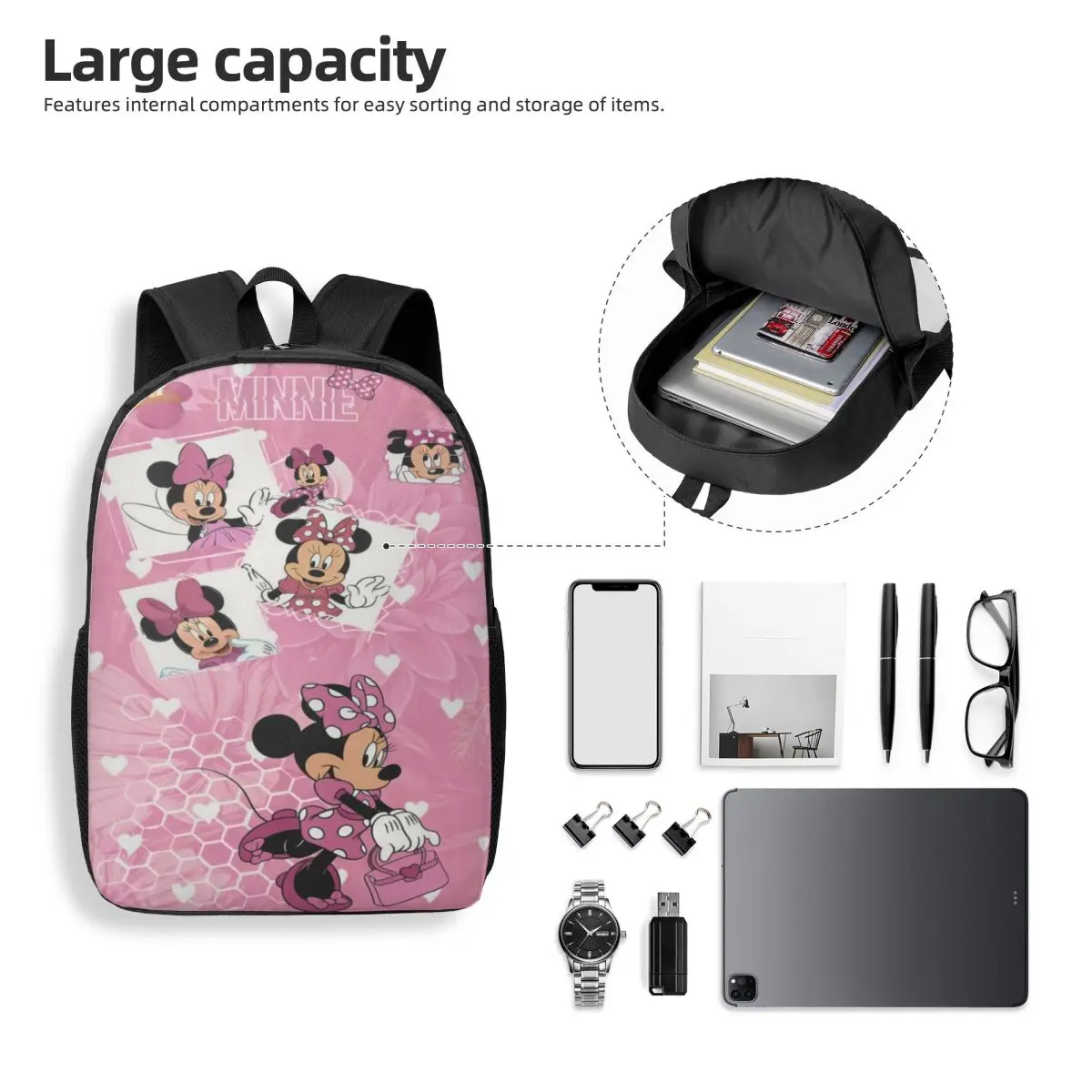 Custom Mickey Mouse Travel Backpack Men Women School Laptop Bookbag Minnie Mouse Heart College Student Daypack Bags