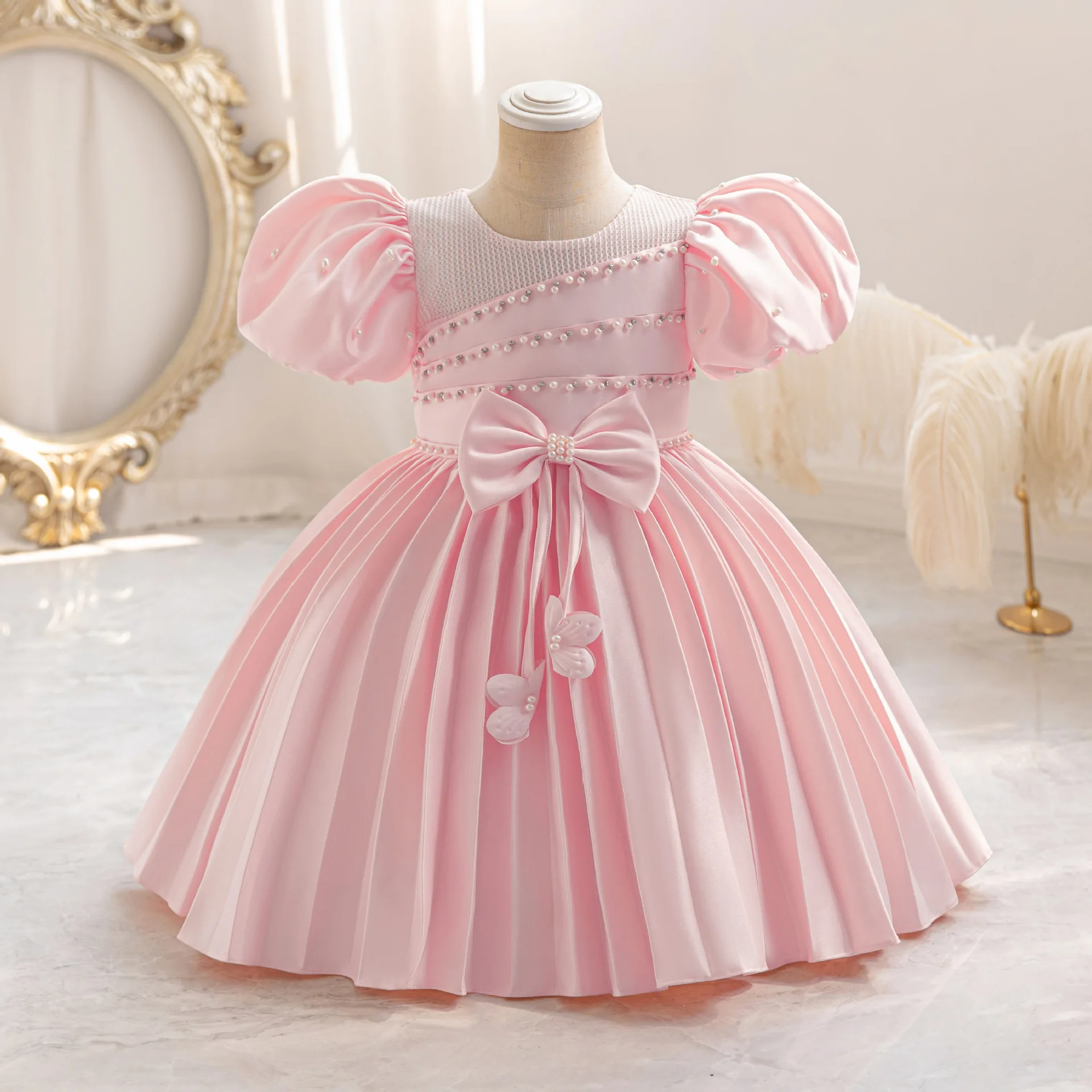 HETISO Kids Dresses For Girls Beading Autumn Clothes Child Satin Party Princess Formal Bridesmaid Pageant Ball Gown 3-10 Years