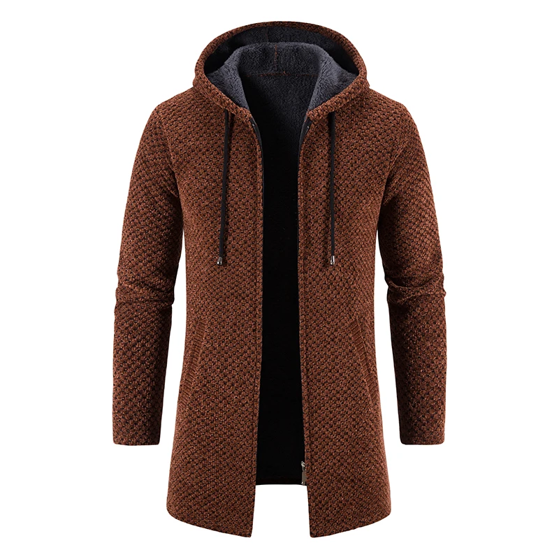 Men\'s Winter Trench Coat Long Knit Sweater Jacket Fleece Warm Hoodies Beige Business Casual Cardigan Zipper Jumper Overcoat