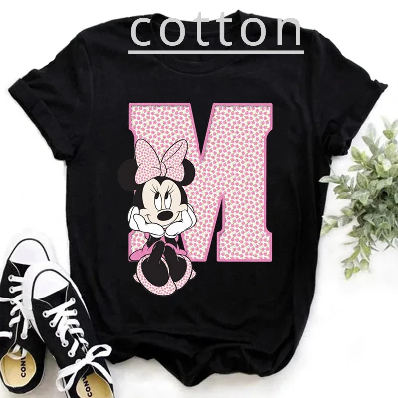 Brand Disney Minnie Mouse Children Cotton T-shirt Funny 26 Capital Letters A-Z Print Tshirt Girl Kid Top Summer Kawaii Baby Tees