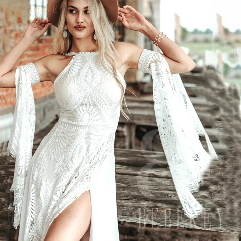 BEBEKEY ที่กําหนดเอง Boho ชุดแต่งงานลูกไม้ที่ถอดออกได้แขนด้านข้างแยกงานแต่งงานอย่างเป็นทางการชุด A-Line ชุดเจ้าสาว Robe