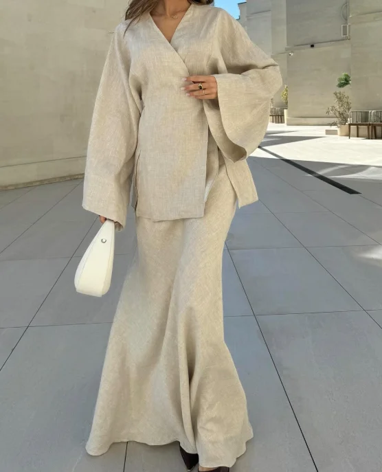Women's Two-Piece Set New Solid Color V-Neck Lace Up Long Sleeved Cardigan High Waisted Skirt Set Shipped Within 48 Hours