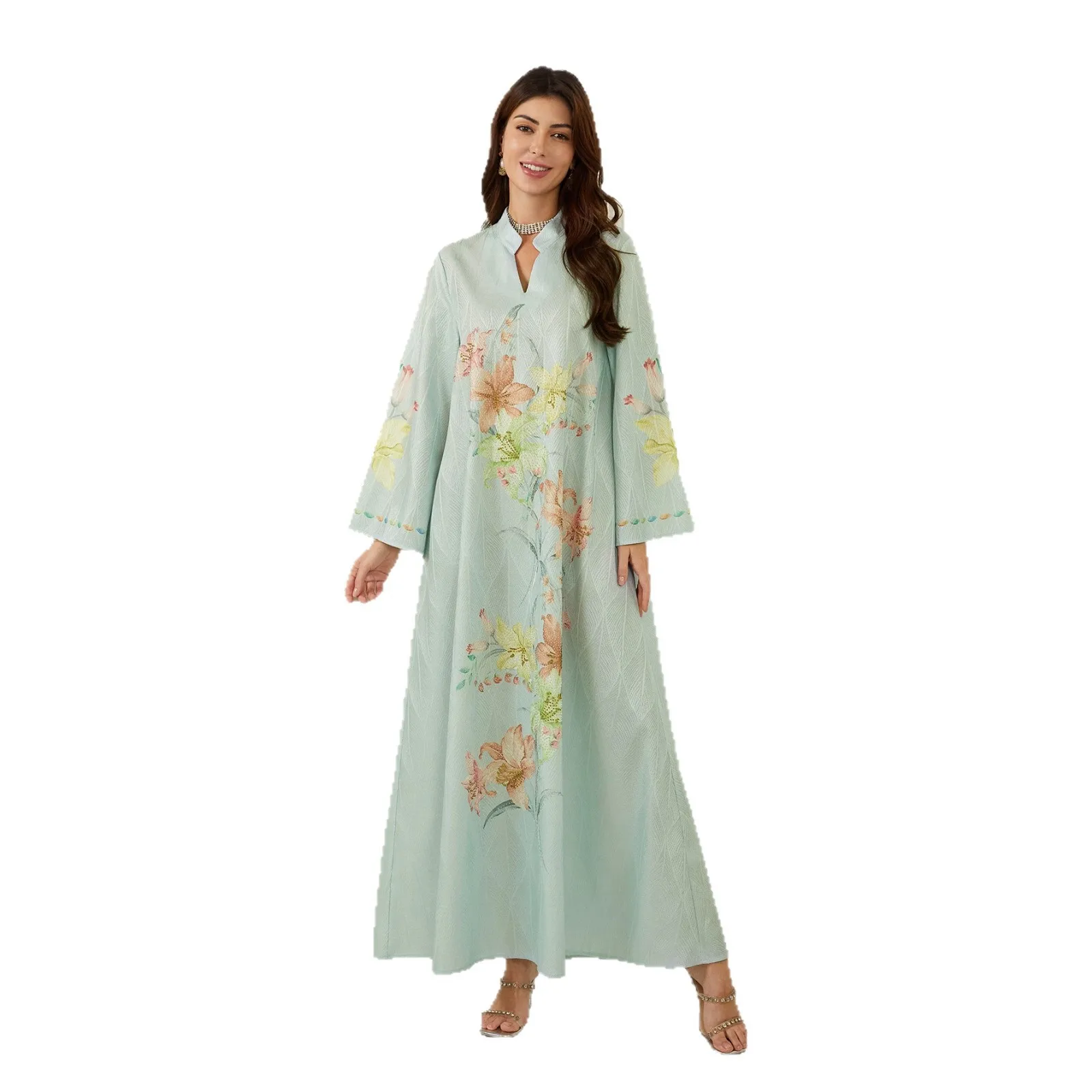 Eid Dress Abaya Women Flower Print Party Dresses Muslim Diamonds Vestidos Arab Long Robe Jalabiya Ramadan Morocco Dubai Kaftan 5