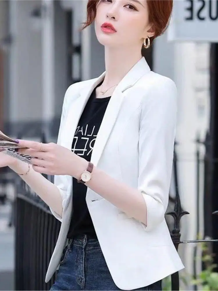 

Korean Sle ort Sve Women's Suit Jaet Versatile Size Seven-Quarter Length Cleanfit Sle Office Wear