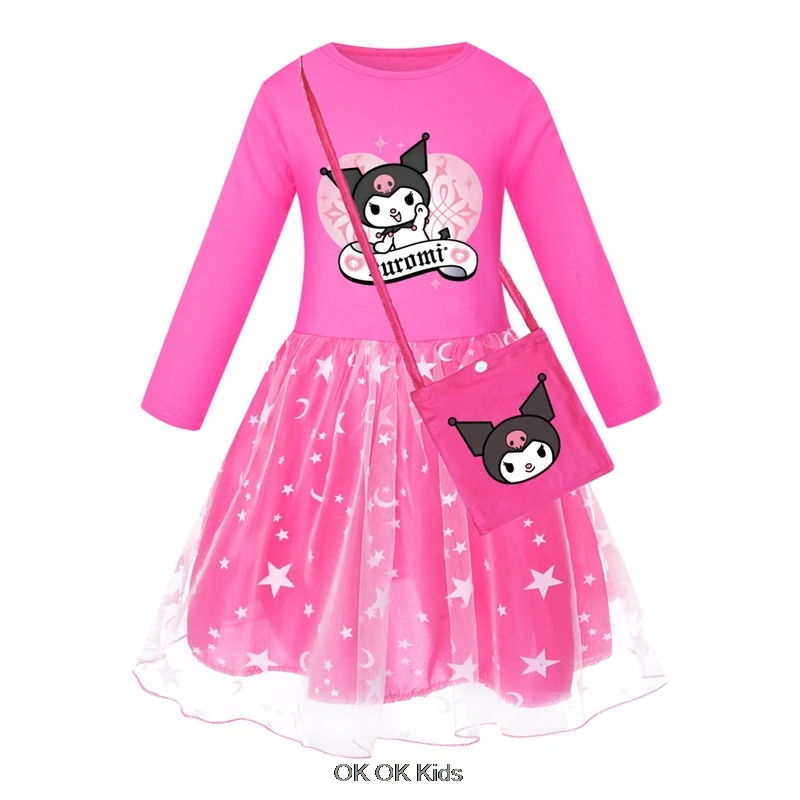 Lovely Kuromi Melody Kids Clothes Long Slevess Dresses Cotton Rainbow Full Dress Teen Cartoon Girl's Clothing Party Clothes 2-8Y