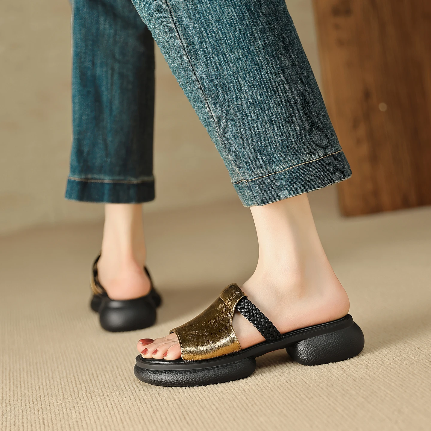 2026 new summer women sandals natural leather 22-25cm sheepskin open toe platform mules high heel women slippers fashion