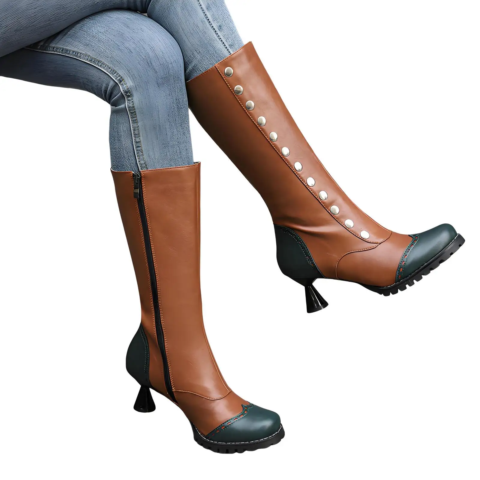 Women Medieval Steampunk Knight Boots Victorian Riding Boot With Zipper Studded Rivets Color Block Brogue Detail Cone Heel Boots 5