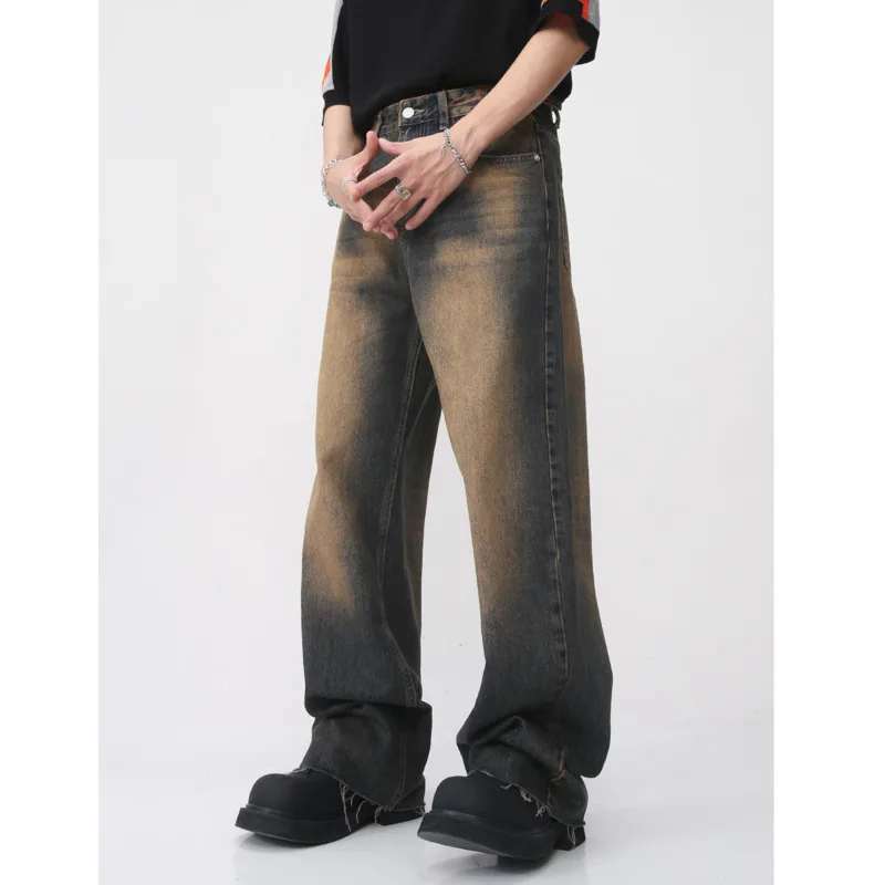 summer new product straight tube Hong Kong style retro made old rust earth color fringed high street men's casual denim pants